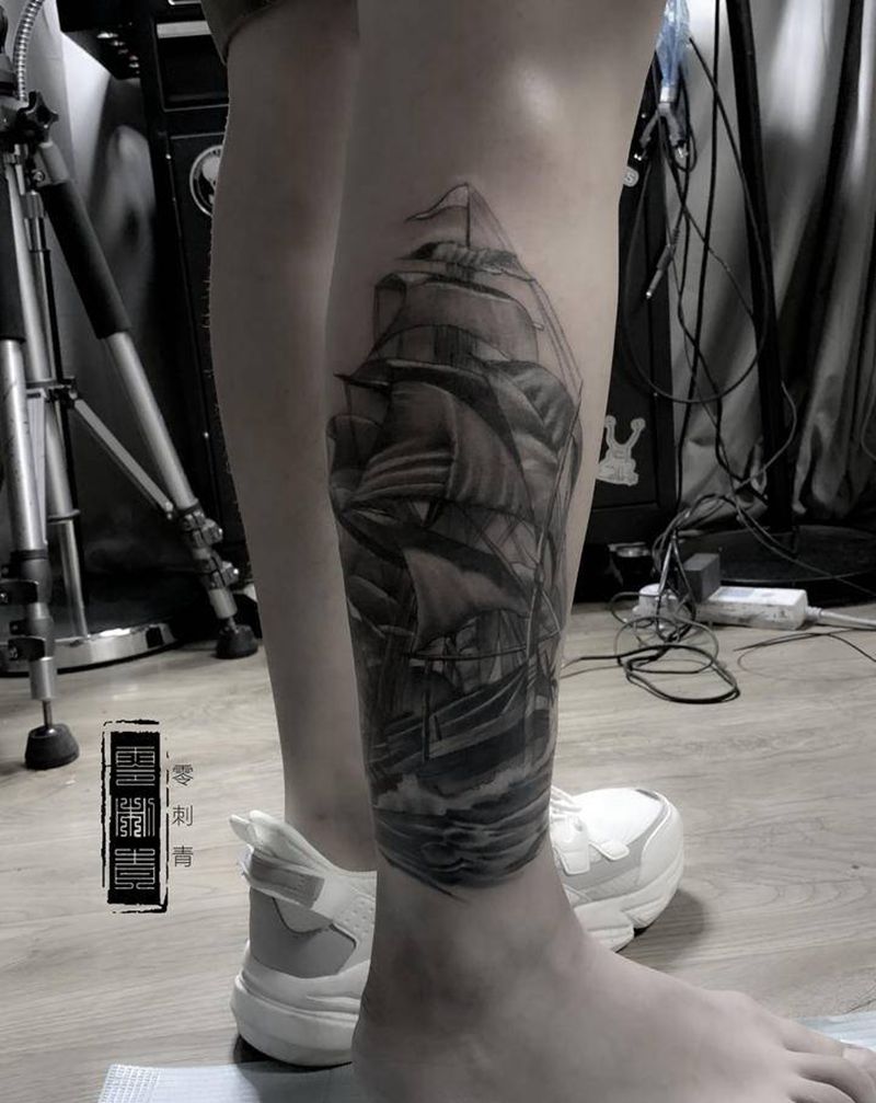 扬帆起航纹身图片_腿部纹身图案