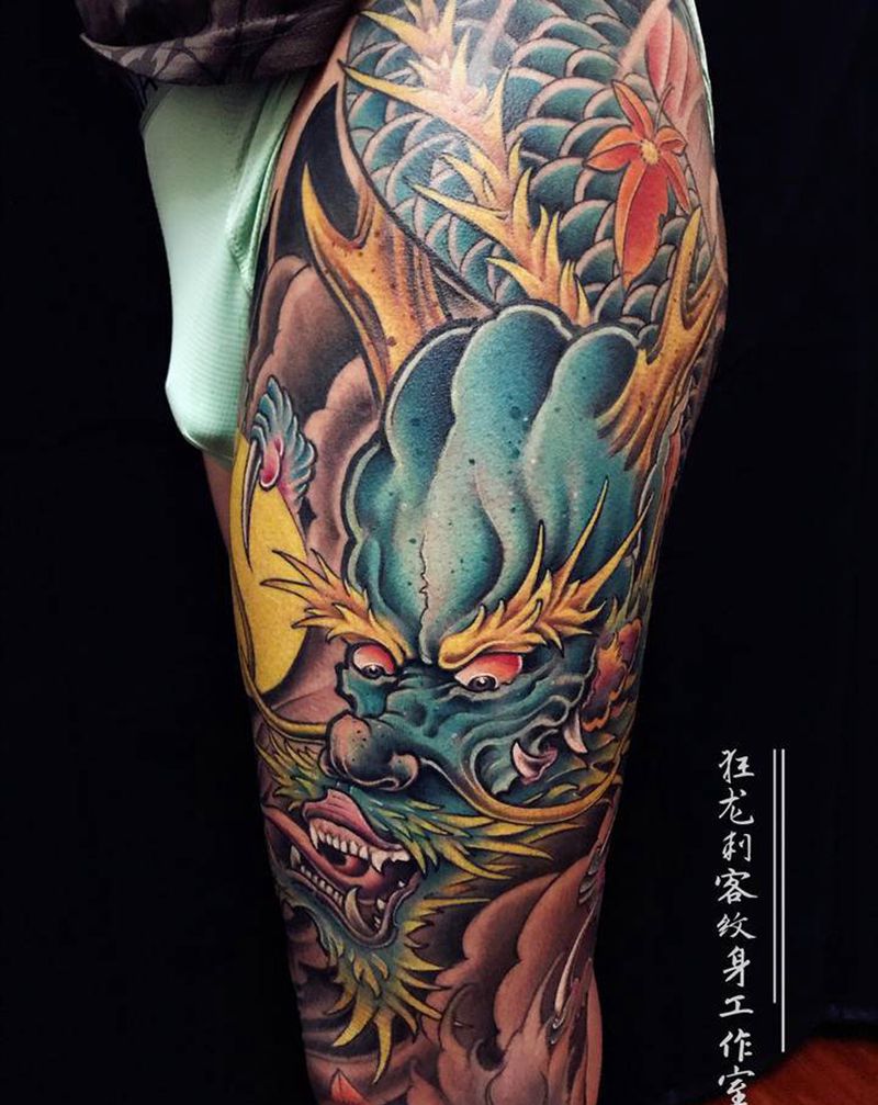 花腿纹身图片_腿部臀部老传统新传统花腿龙青龙盘腿纹身图案