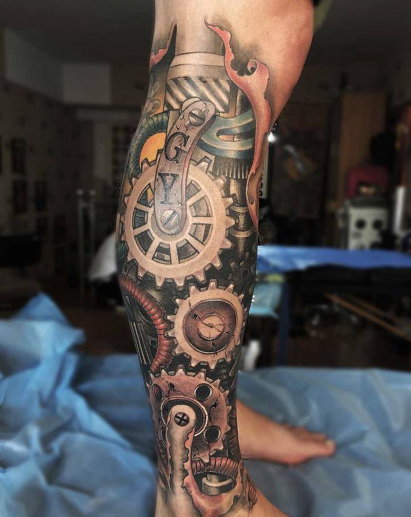 机械纹身图片_腿部欧美写实纹身图案
