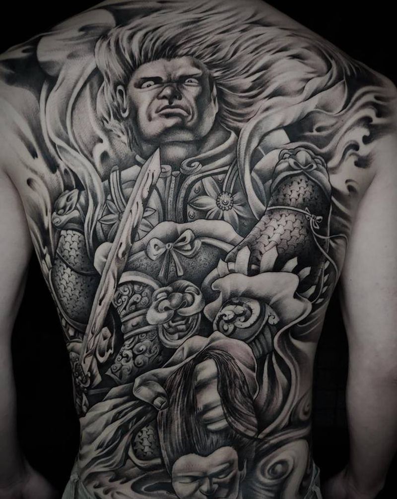 白起杀神纹身图片_背部欧美写实新传统纹身图案