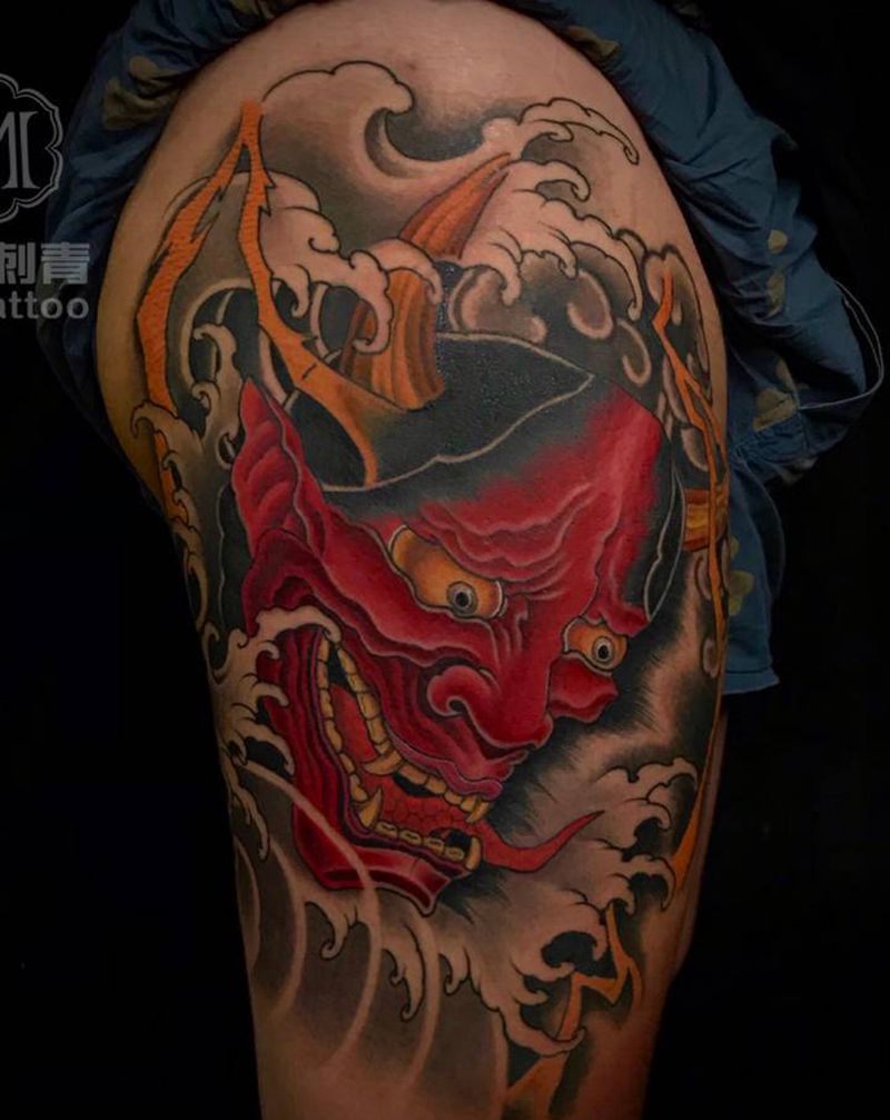 般若纹身图片_腿部新传统纹身图案