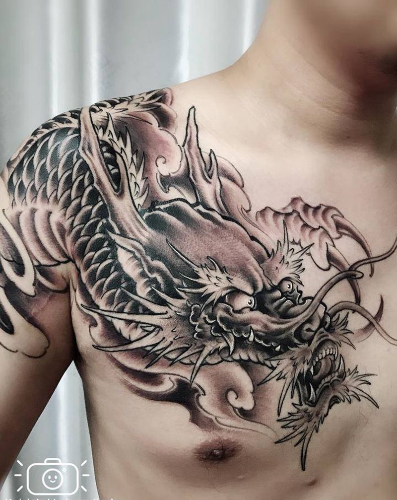 过肩龙纹身图片_胸部背部新传统老传统龙过肩龙龙纹身图案