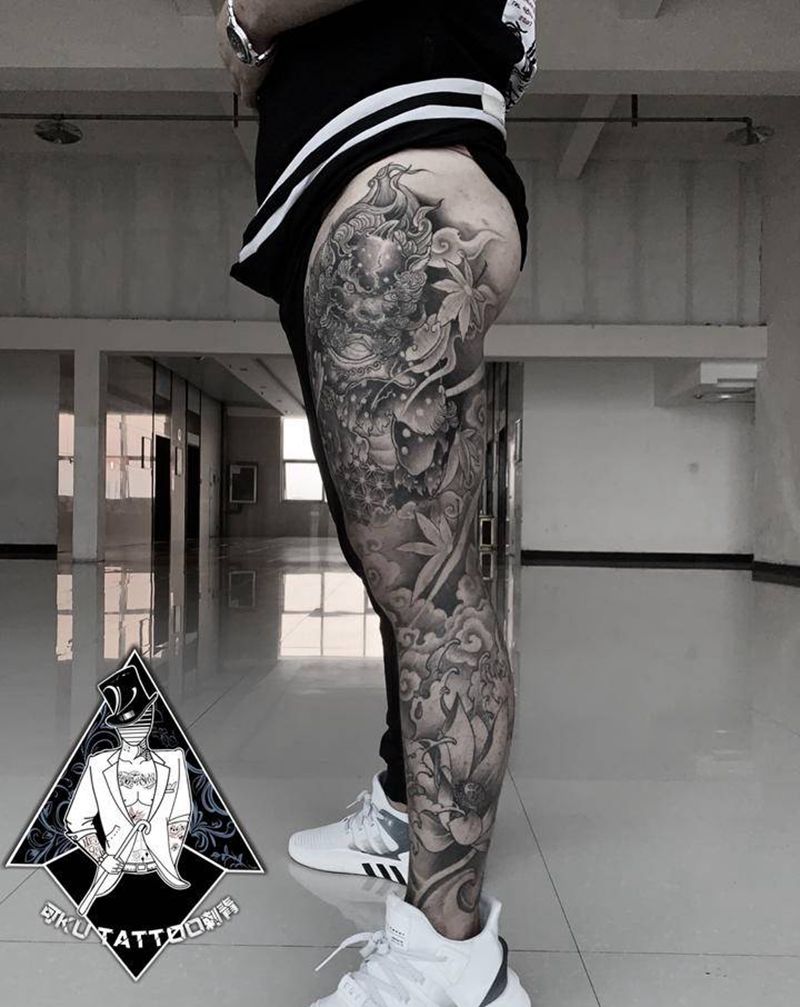 唐狮莲花纹身图片_腿部新传统纹身图案