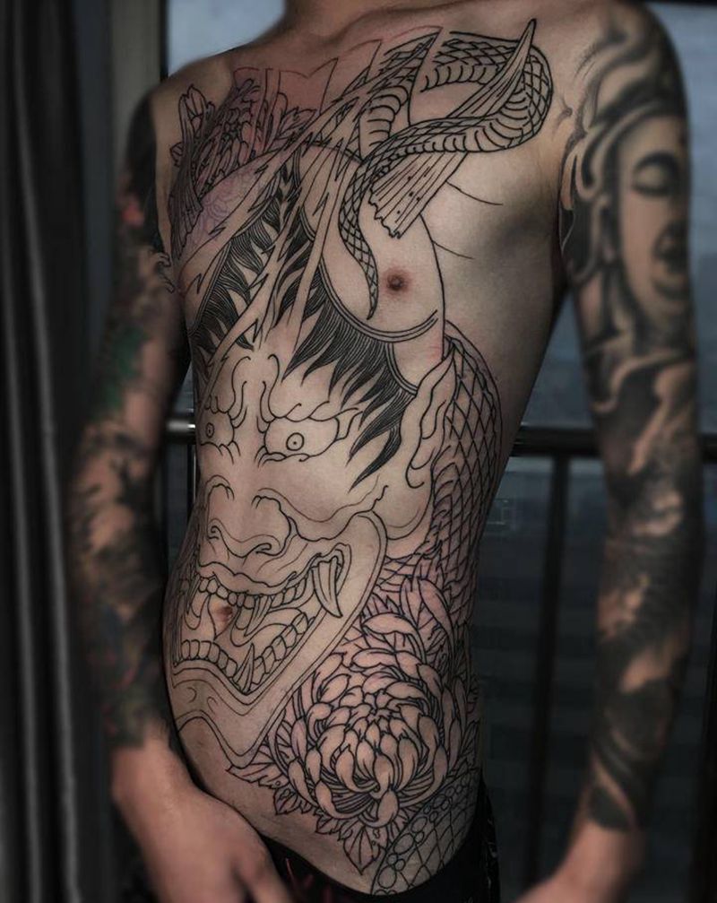 般若纹身图片_腹部胸部新传统纹身图案