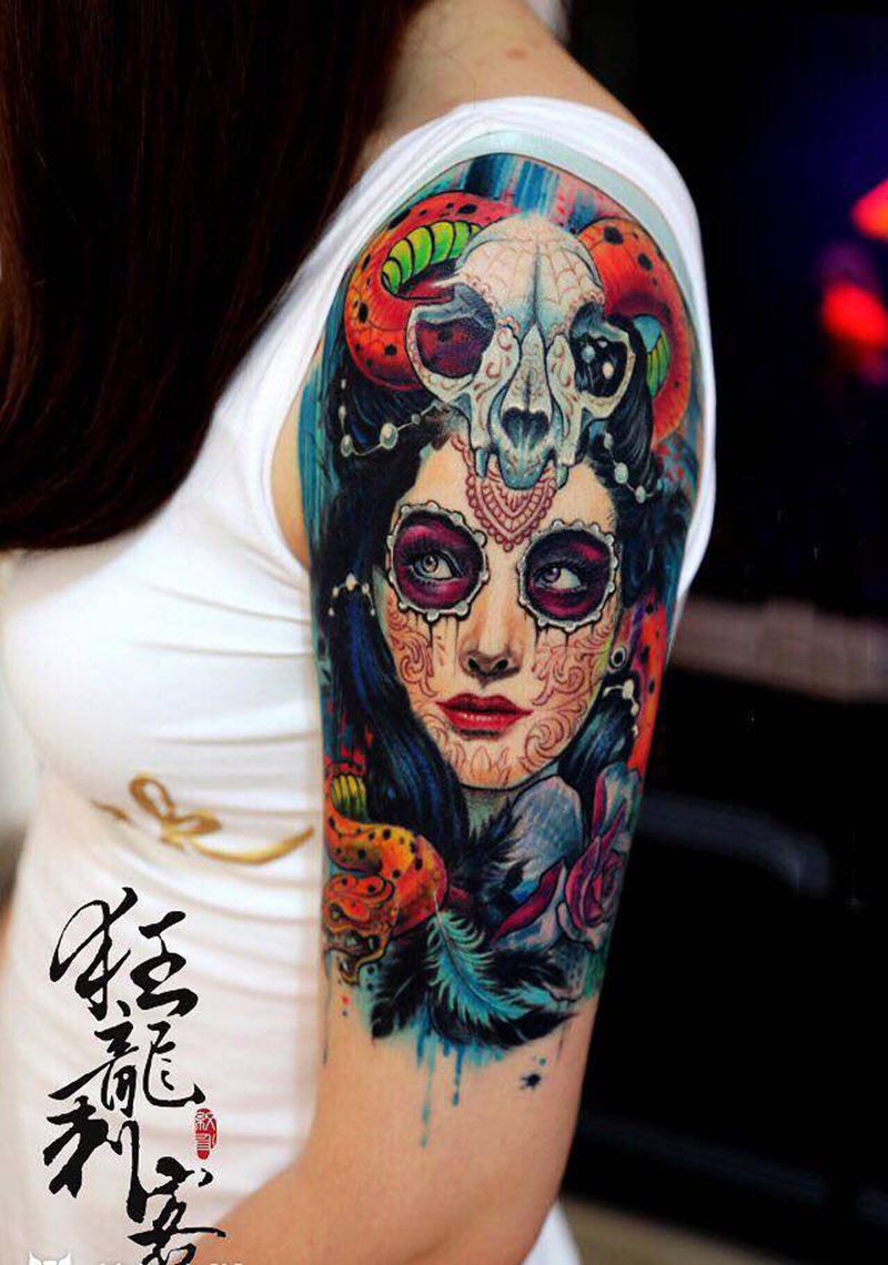 NEW SCHOOL纹身图片_成品插画肩部手臂欧美肖像写实清新人物原创纹身图案