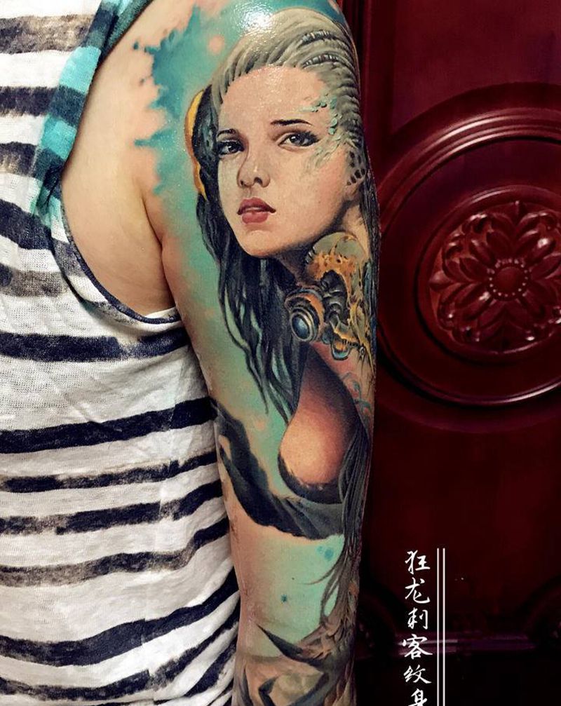 欧美彩色写实花臂纹身图片_肩部手臂欧美写实水彩欧美彩色彩色写实欧美花臂纹身图案