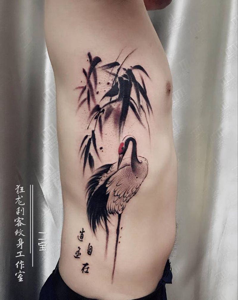 鹤纹身图片_背部腰部新传统水墨鹤水墨仙鹤中国风纹身图案