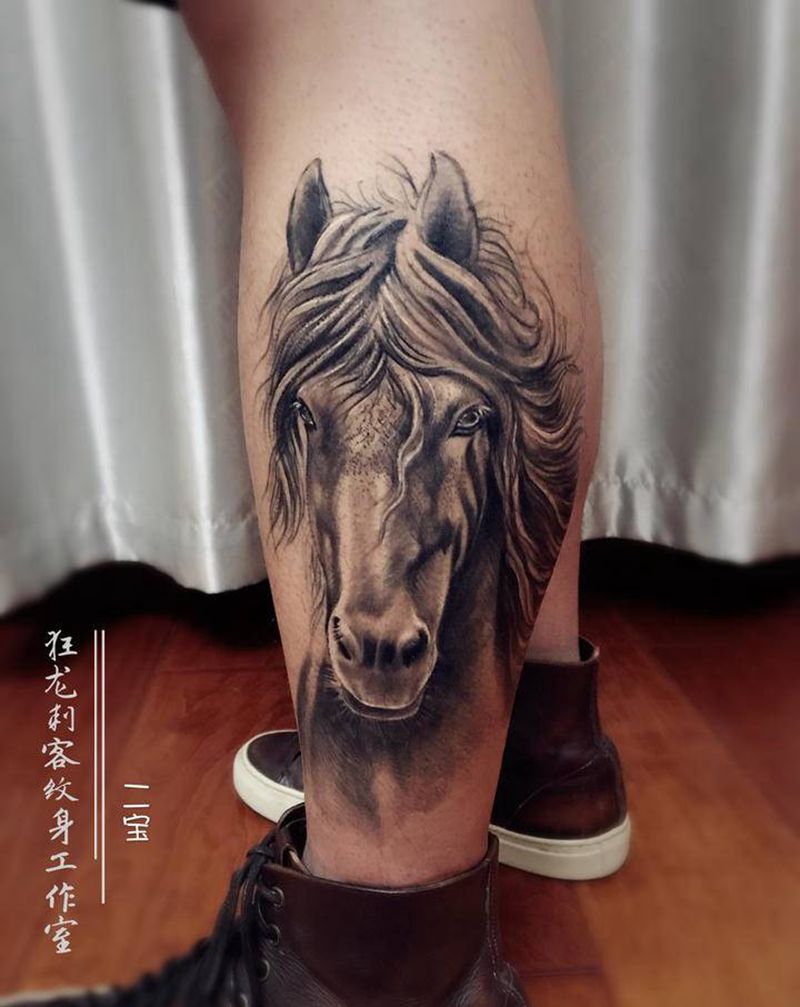马纹身图片_腿部脚部欧美写实新传统马写实马头骏马纹身图案