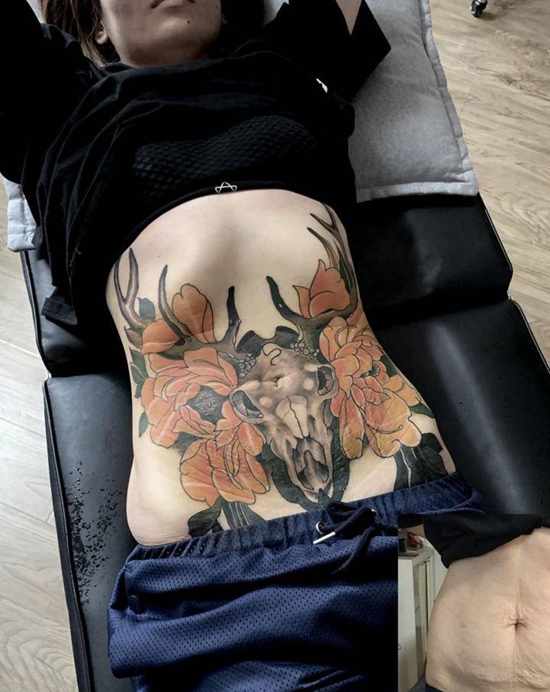 妊辰纹遮盖纹身图片_腹部纹身图案