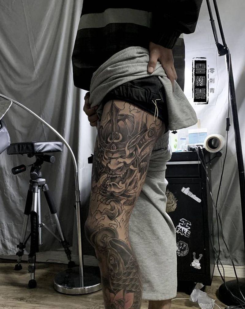 未完成鬼武士，小腿非本店纹身图片_腿部纹身图案