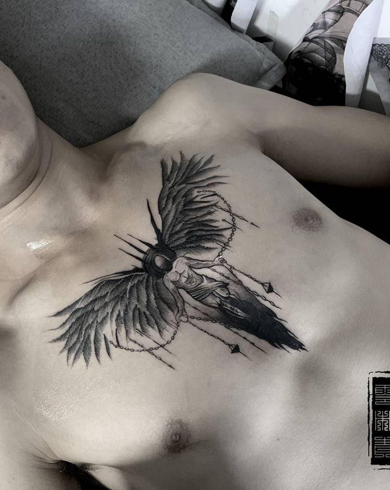 堕天使纹身图片_胸部纹身图案