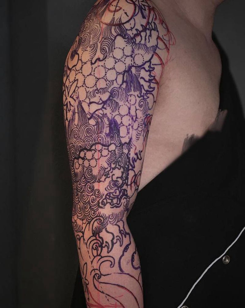 唐狮七分袖纹身图片_手臂新传统纹身图案