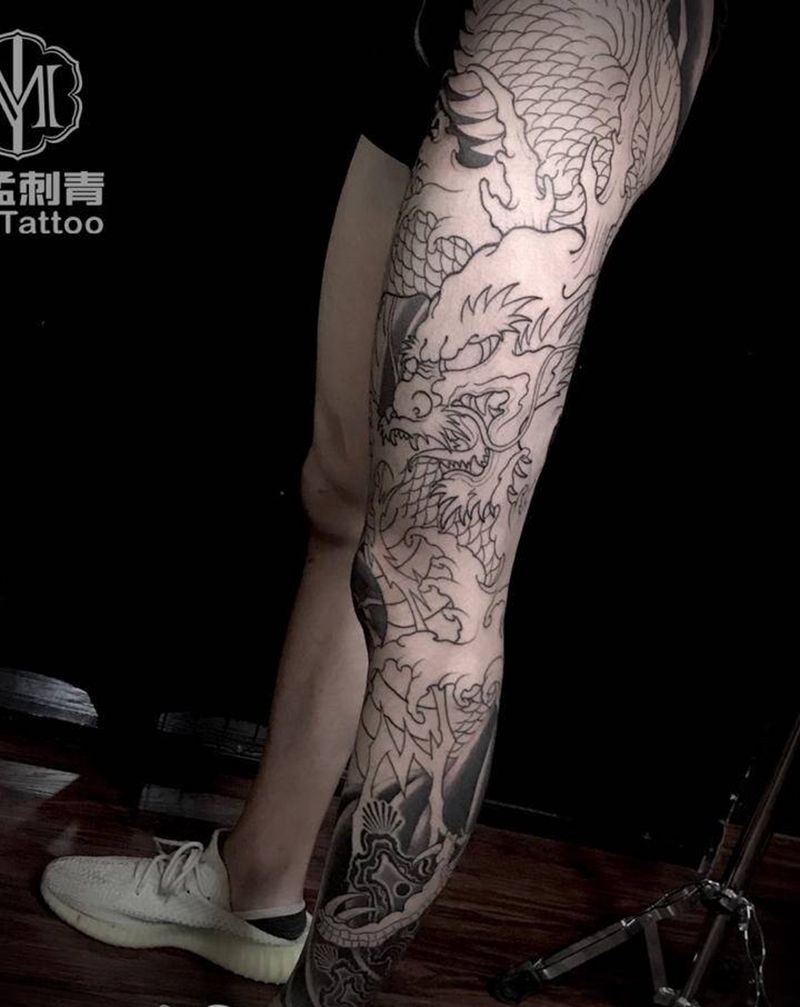 花腿龙纹身图片_腿部新传统老传统纹身图案