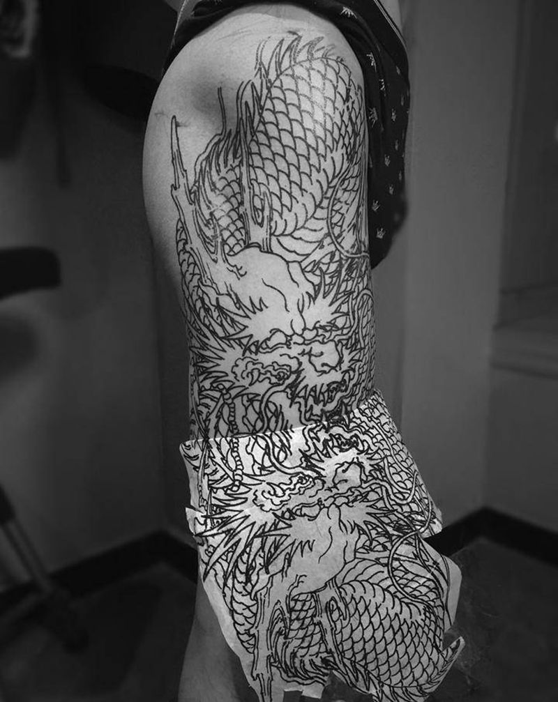 龙纹身图片_腿部新传统纹身图案