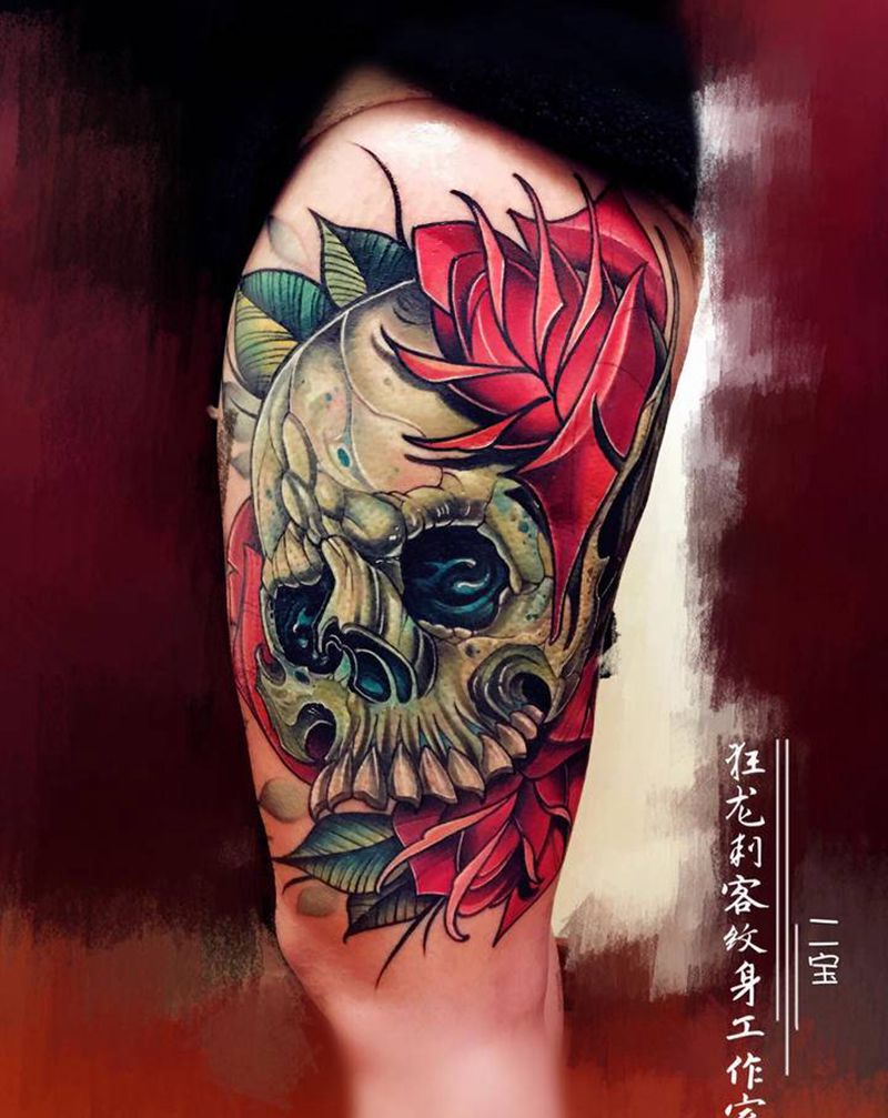 new school骷髅玫瑰纹身图片_臀部腿部New School水彩骷髅骷髅玫瑰纹身图案