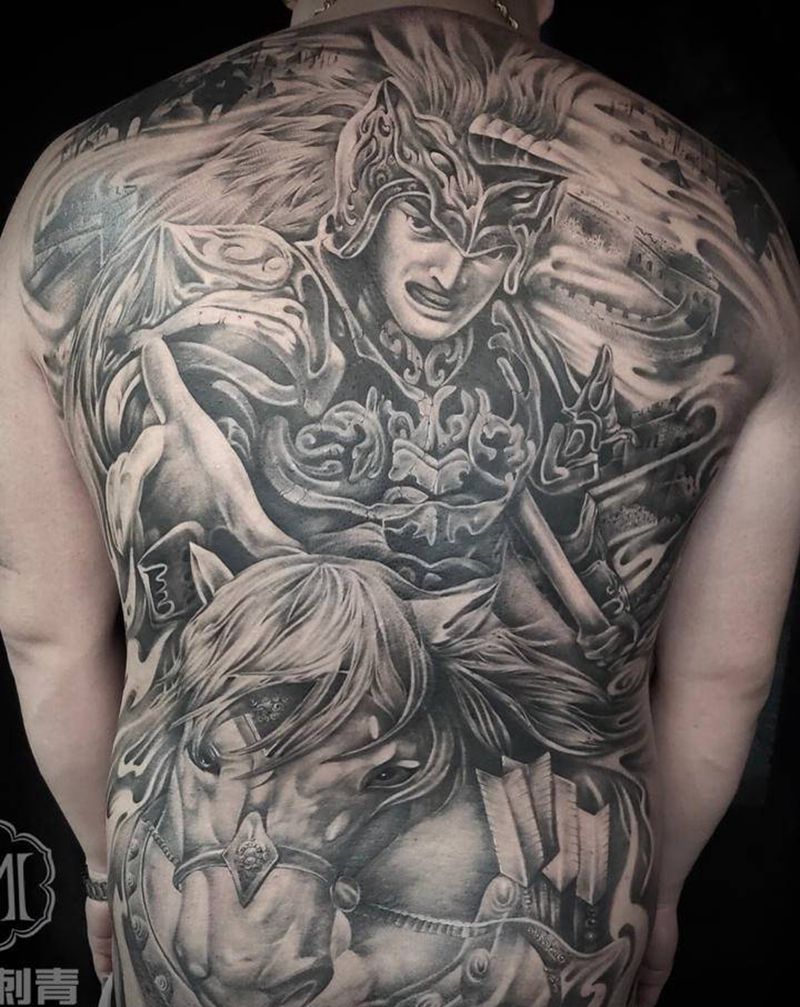 满背赵云纹身图片_背部欧美写实纹身图案