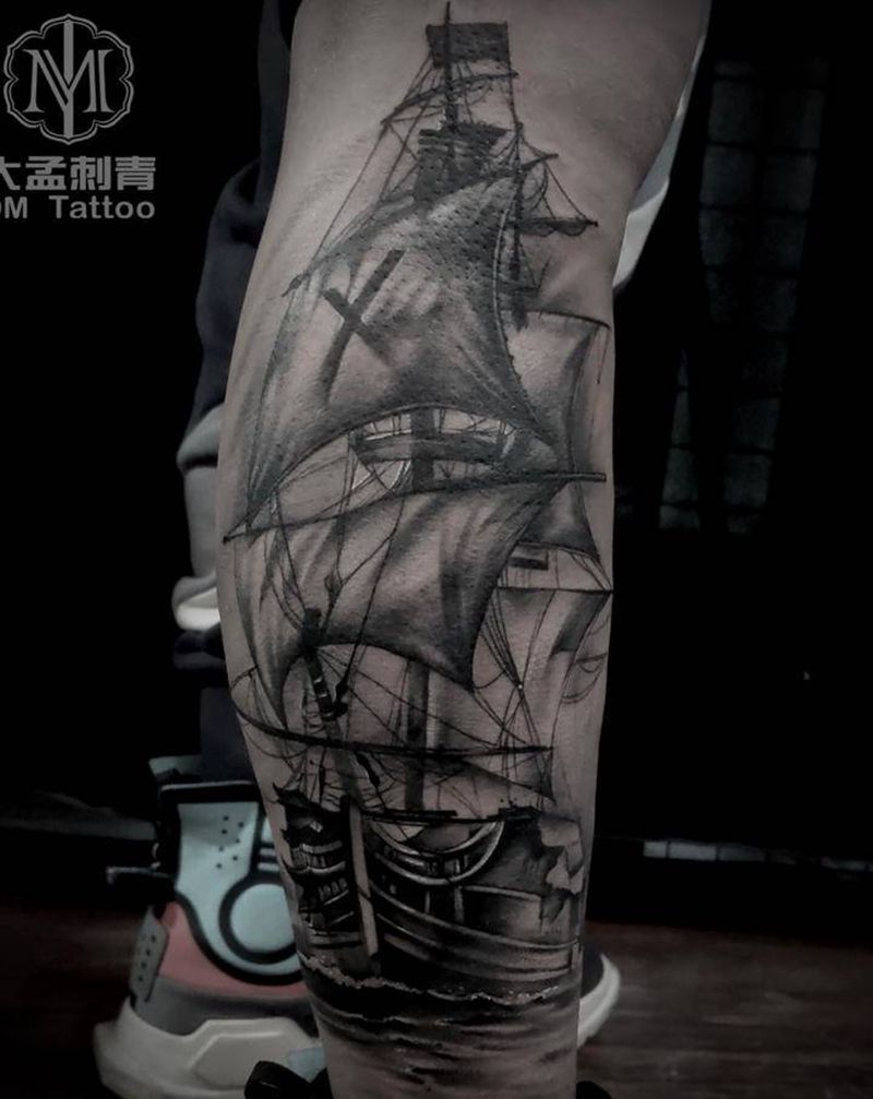 帆船⛵️纹身图片_腿部欧美写实纹身图案