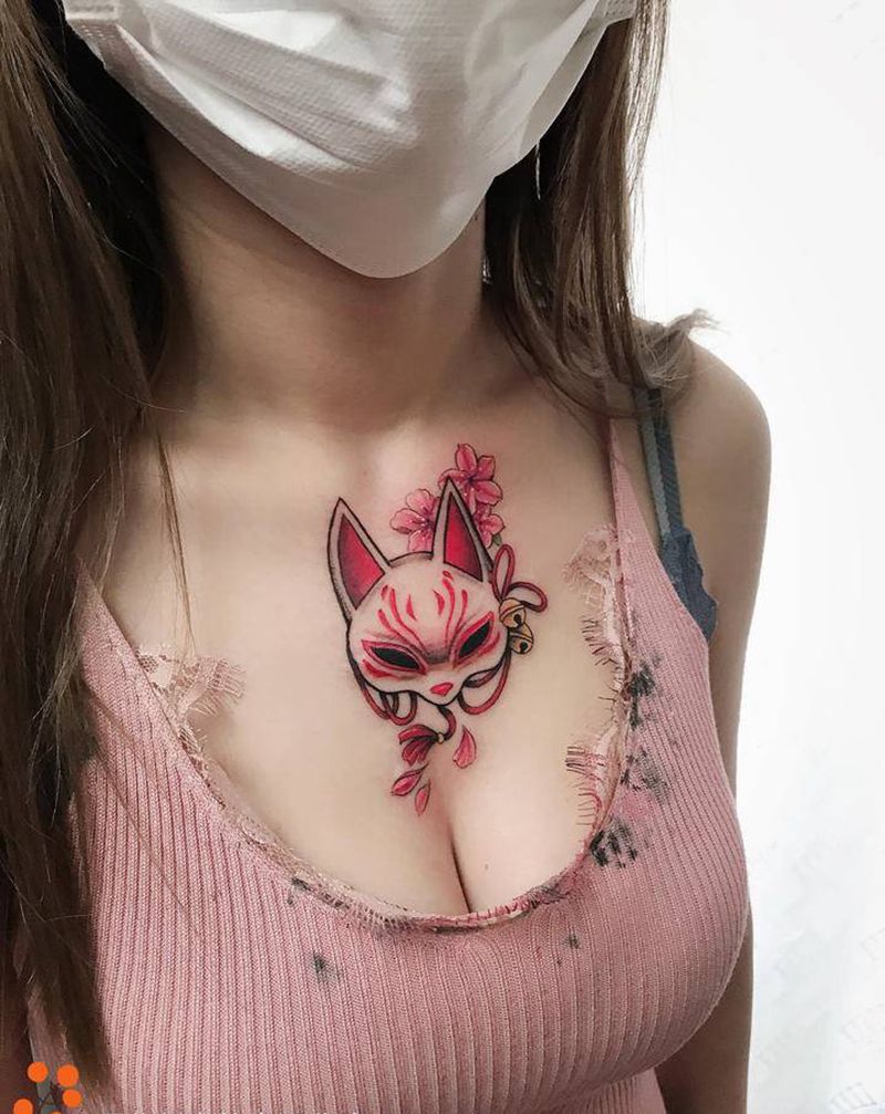 很仙的小狐面纹身图片_肩部胸部新传统老传统狐面狐狸狐狸面具纹身图案