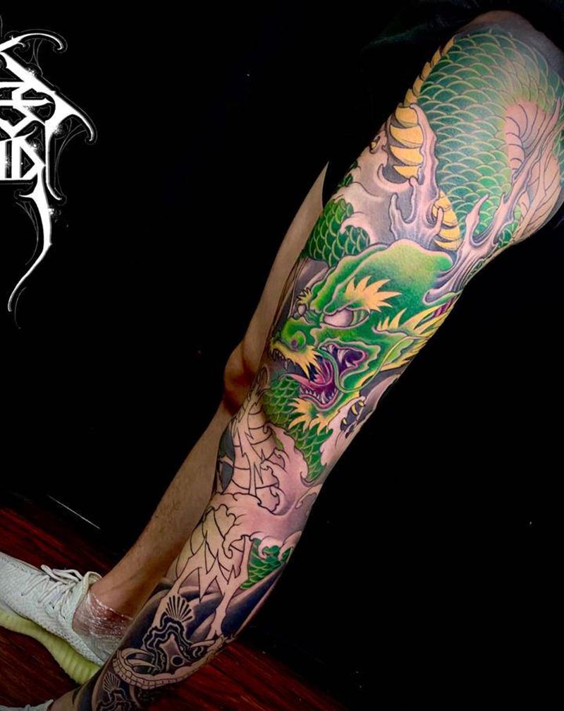 花腿龙纹身图片_腿部新传统纹身图案