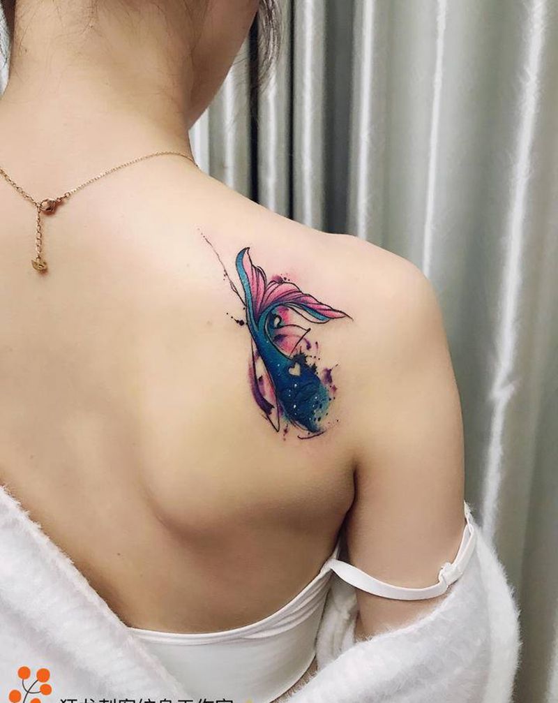 遮盖～鱼尾纹身图片_背部肩部水墨水彩鱼尾遮盖美人鱼尾纹身图案