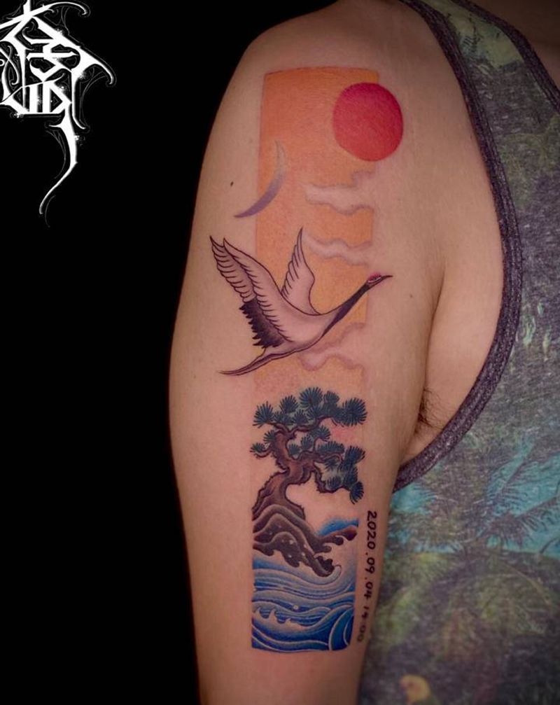 鹤纹身图片_手臂水彩新传统纹身图案