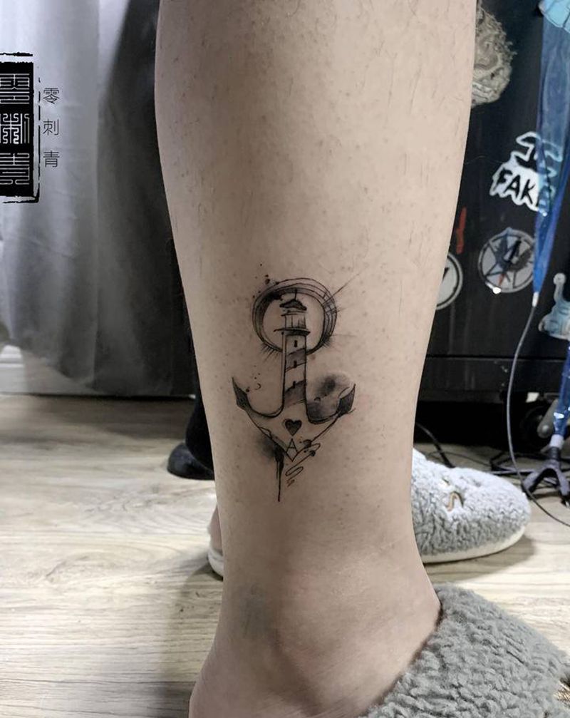 灯塔纹身图片_腿部纹身图案