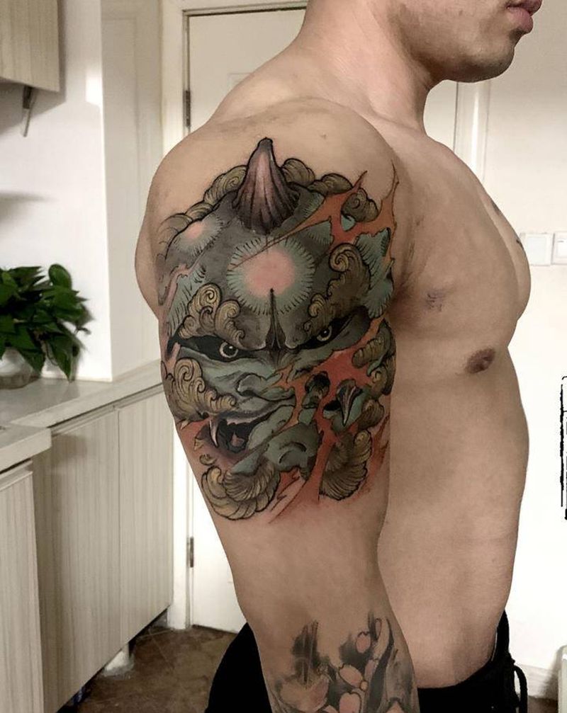 唐狮纹身图片_手臂纹身图案