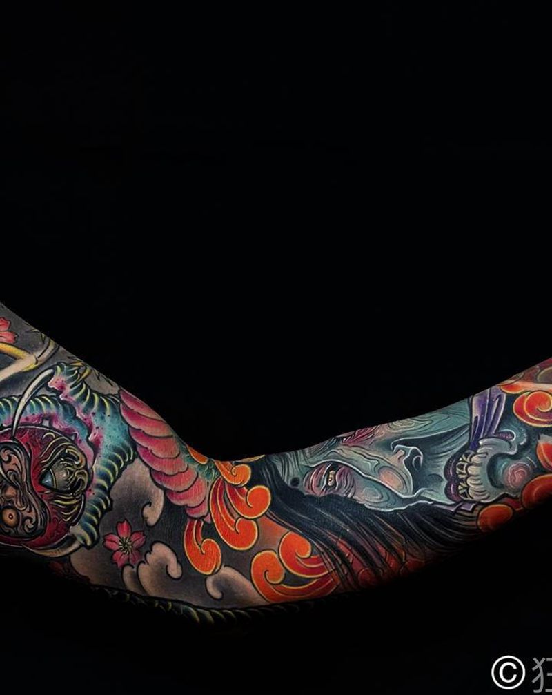 花臂纹身图片_手臂肩部新传统老传统传统花臂龙花臂生首纹身图案