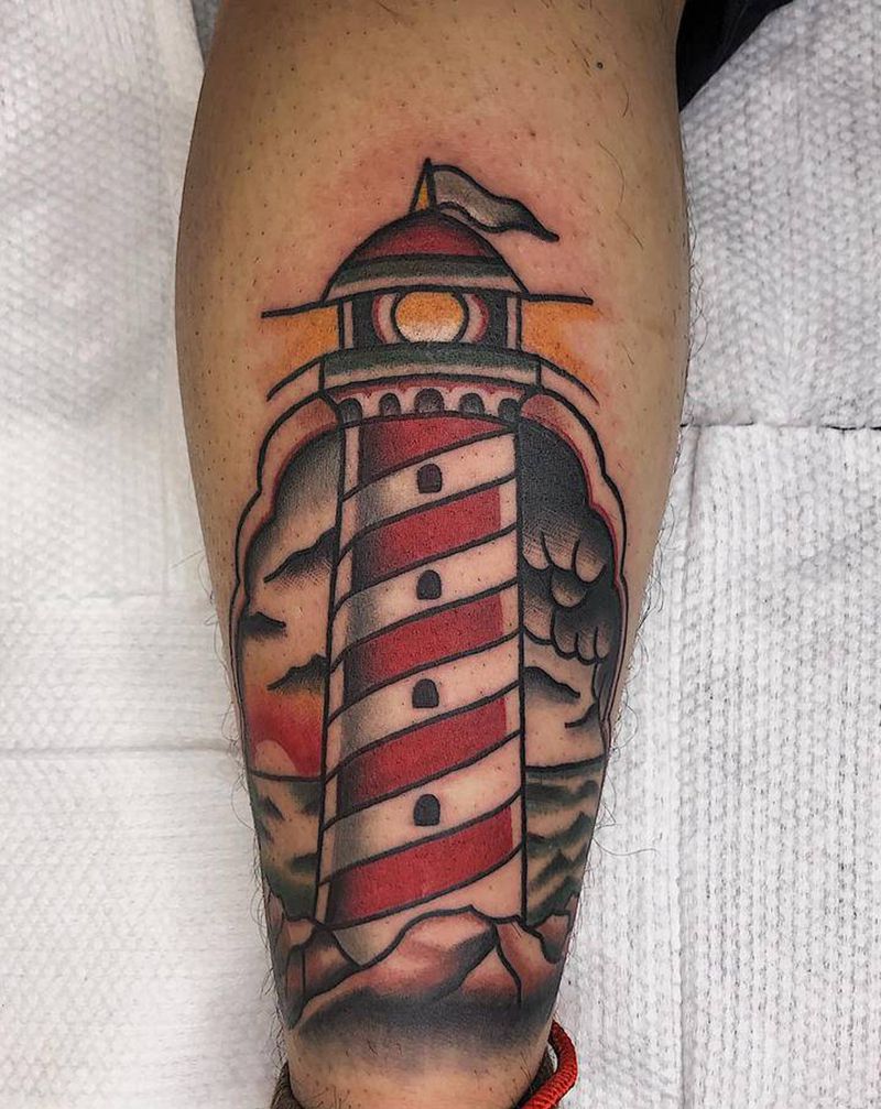 os灯塔纹身图片_腿部Old School纹身图案