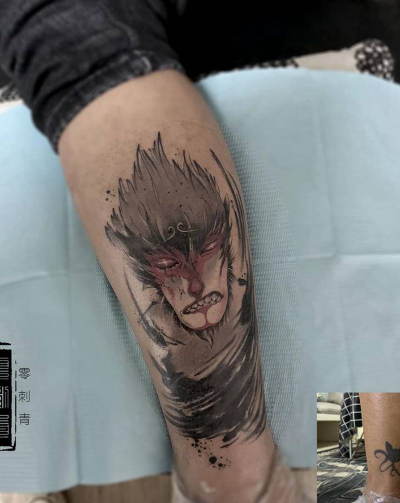 悟空遮盖纹身图片_腿部纹身图案