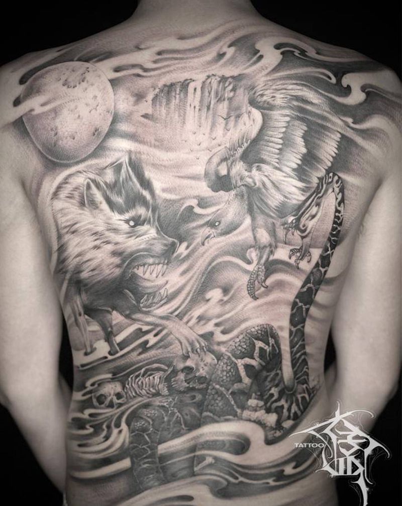 海陆空纹身图片_背部新传统欧美写实纹身图案