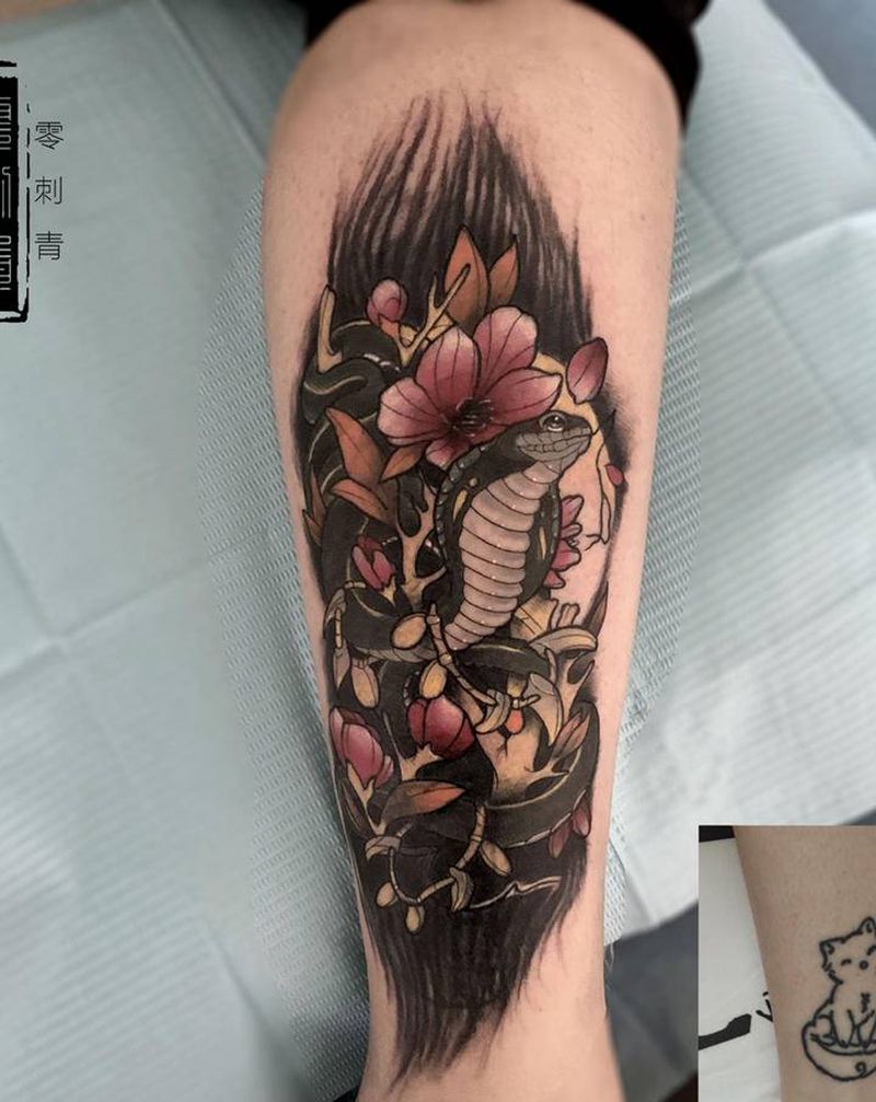 遮盖蛇纹身图片_腿部纹身图案