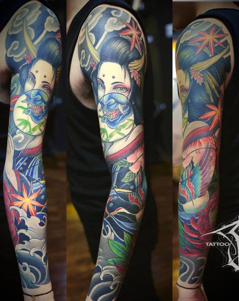 传统彩色花臂纹身图片_手臂新传统纹身图案