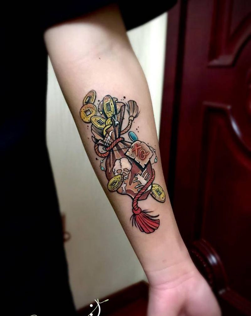 遮盖纹身图片_手臂手部New School水彩福袋遮盖钱袋纹身图案