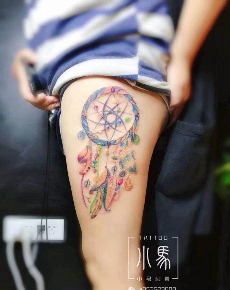 好梦纹身图片_腿部水彩纹身图案