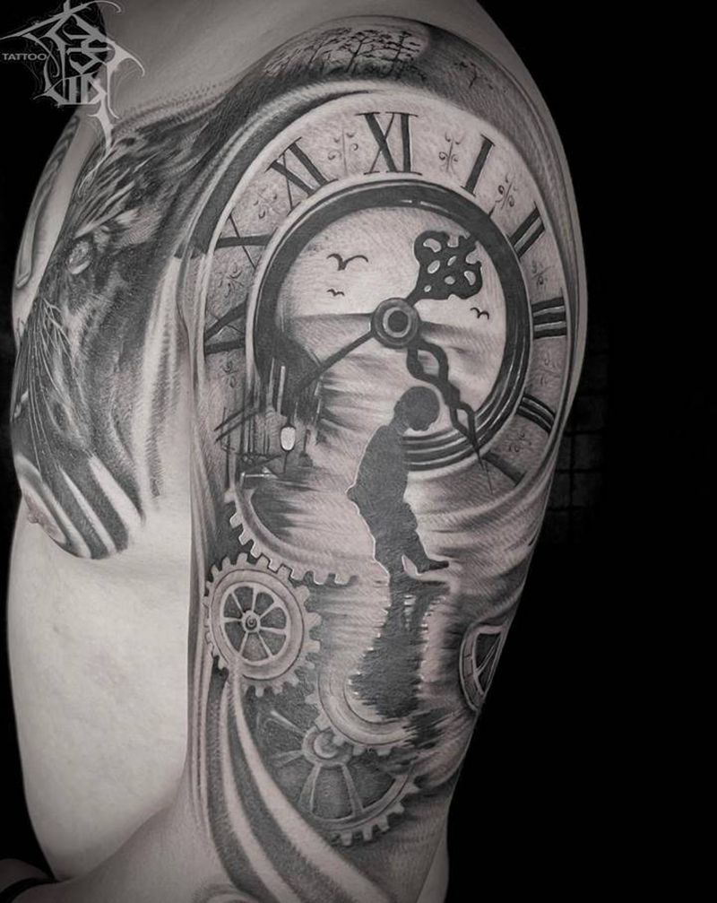 时钟⏰纹身图片_手臂欧美写实纹身图案