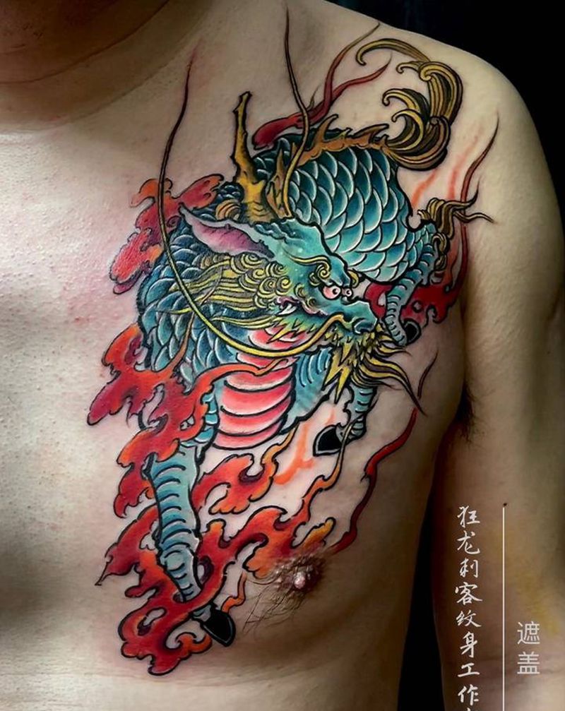 麒麟纹身图片_肩部胸部老传统新传统麒麟火麒麟麒麟纹身图案