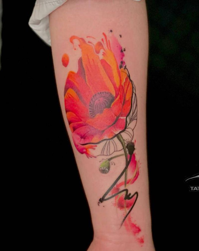 水彩罂粟纹身图片_手臂水彩纹身图案
