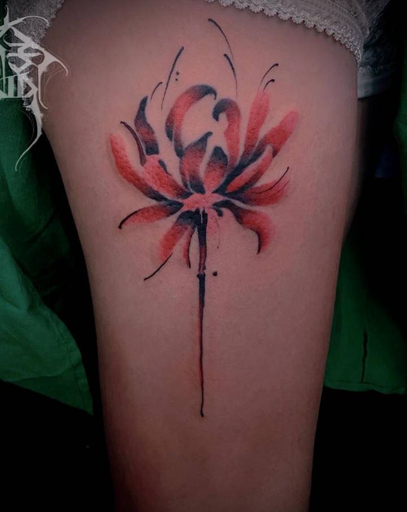 彼岸花纹身图片_腿部水彩纹身图案