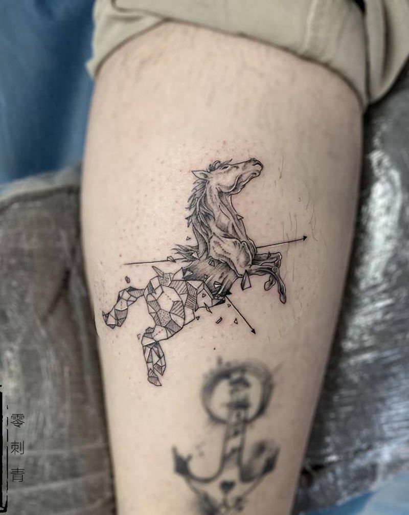 几何马纹身图片_腿部几何纹身图案