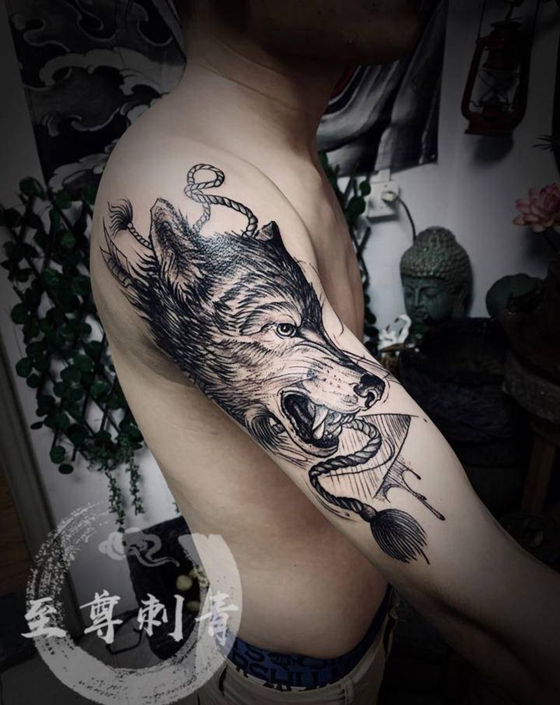 狼纹身图片_手臂暗黑草图纹身图案