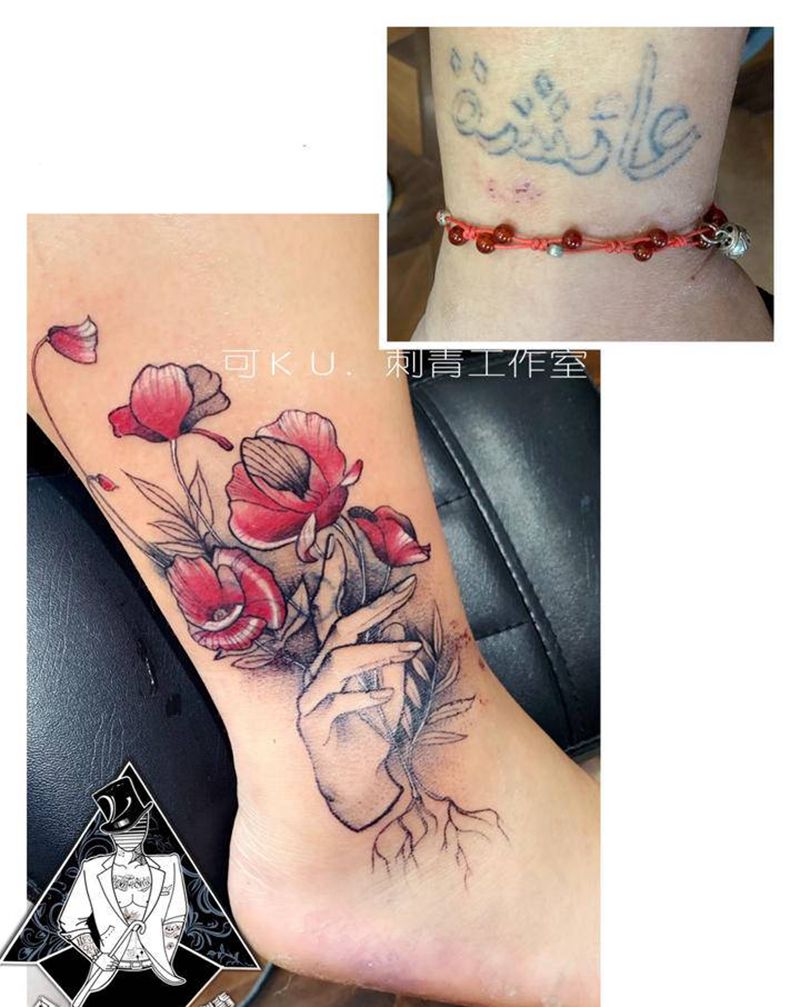 罂粟花纹身图片_脚部腿部水彩水墨纹身图案