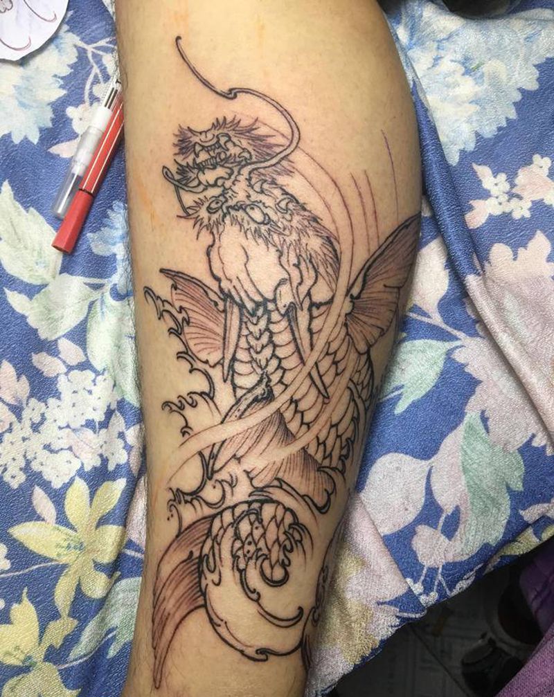 鳌鱼，下次继续纹身图片_腿部老传统新传统纹身图案