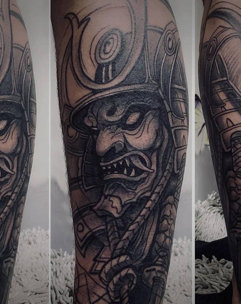 鬼武者纹身图片_腿部新传统New School鬼武士纹身图案