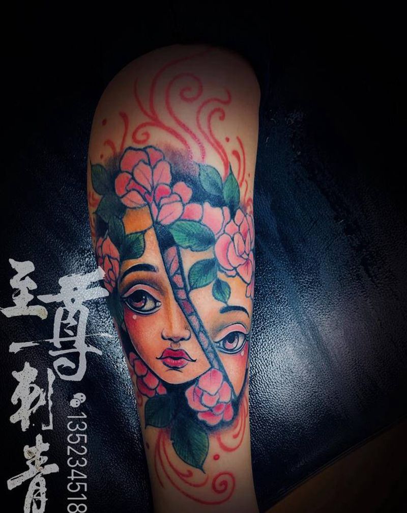 小萝莉纹身图片_腿部New School纹身图案