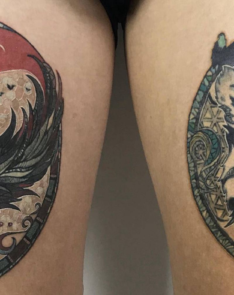 凶禽猛兽纹身图片_腿部图腾几何老鹰老虎纹身图案