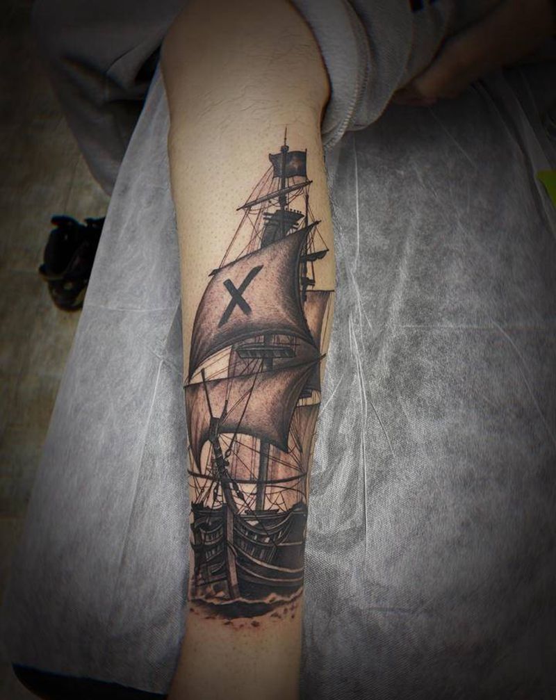 一帆风顺纹身图片_腿部欧美写实纹身图案