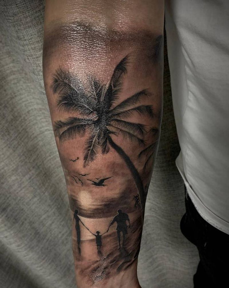 海边漫步纹身图片_手臂欧美写实海边家人风景纹身图案