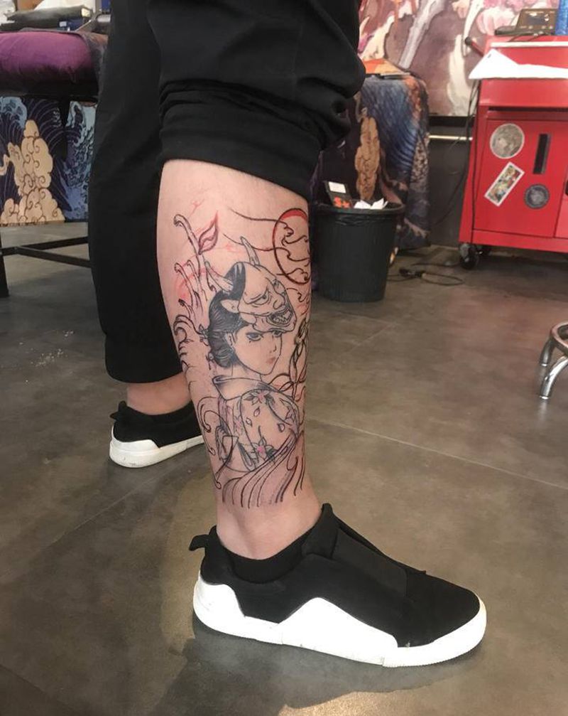 添加背景艺伎纹身图片_腿部新传统纹身图案