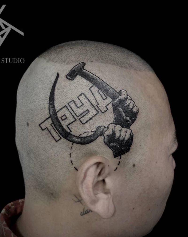 镰刀铁锤纹身图片_图腾点刺镰刀铁锤头部纹身图案